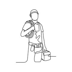 One continuous line drawing of Electrician profession with white background. Electrician profession design concept in simple linear style. Electrician profession design concept vector illustration.
