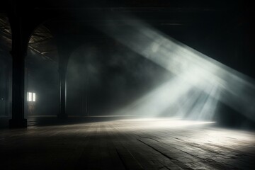 A heavenly light filters through dense fog, illuminating the floor with radiant rays. Isolated spotlight. Generative AI - obrazy, fototapety, plakaty