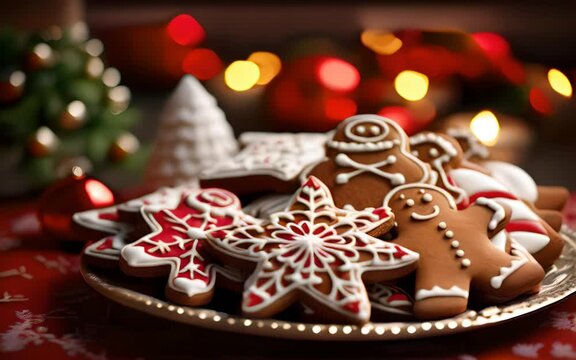 Christmas cookies and gingerbread decorated with snowflakes on a tray close-up against the background of lights. New year Festive Atmosphere concept. Generative AI