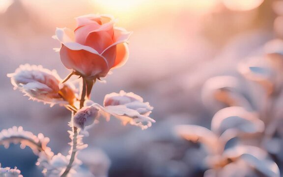 A beautiful rose with frost on the background of sunset. New year and Christmas Festive Atmosphere concept Generative AI
