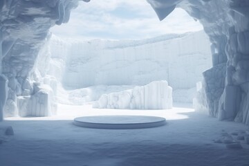 abstact 3d render winter scene and Natural podium background, Ice podium on the snow ground in the ice snow cave for product display advertising or etc. generative ai.
