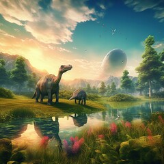 Dinosaurs in fantasy forest with lake and beautiful landscape. Dinosaurs in green and beautiful landscape with mountains and sky with clouds. Generative Ai. - obrazy, fototapety, plakaty