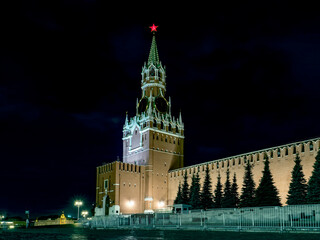 Fototapeta premium Moscow Kremlin, night view, Spasskaya clock tower
