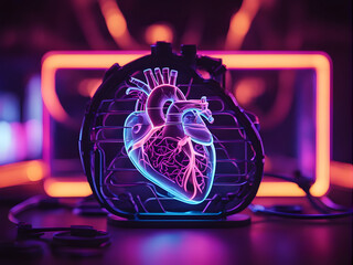 Glowing Neon Light Heart Anatomy in Dark Room