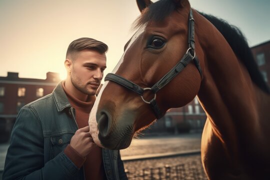 Man touching horse. Emotion ranch. Generate Ai