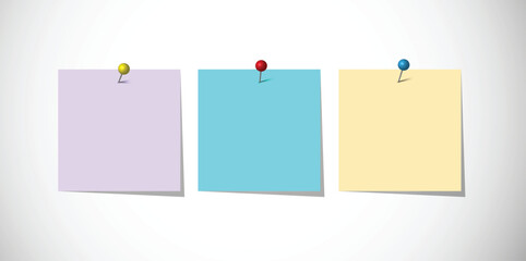 Realistic blank paper sheet with multi-color push pin on white background. Sticky note, document. Vector illustration
