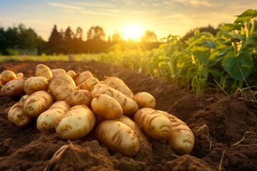 Freshly gathered potatoes growing in a sunlit field. Generative AI - obrazy, fototapety, plakaty