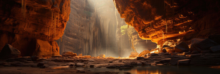 Sunlit Waterfall in a Majestic Cave Landscape - obrazy, fototapety, plakaty