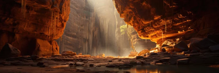 Poster Im Rahmen Sunlit Waterfall in a Majestic Cave Landscape © Jyukaruu's Studio
