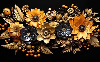 Horizontal 3D yellow, orange flower panel with golden leaves on a black background. - obrazy, fototapety, plakaty