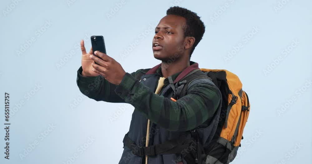 Poster Man, phone and problem for hiker with connection fail in mockup. Frustrated black person, search for service, network and internet for gps, navigation and guidance, 404 and glitch on smartphone