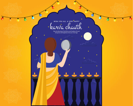 Creative poster and banner for  woman performing Karwa Chauth or Karwa Chauth Poojan