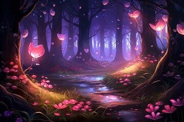 Illustration: enchanted forest filled with glowing pink fireflies. Generative AI