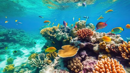 Naklejka na ściany i meble Coral reef under the sea. Sea world under water background
