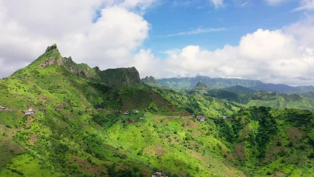 Aerial view of Mountainous green Santiago Island landscape in rain season in Cape Verde