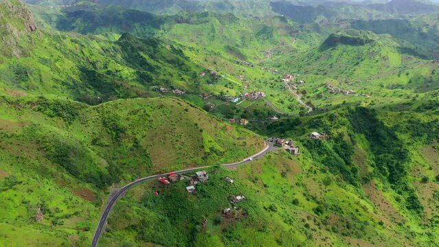 Aerial view of Mountainous green Santiago Island landscape in rain season in Cape Verde
