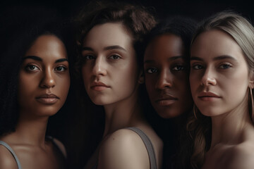 Obraz premium Diversity, women and body positivity for skincare, wellness and solidarity Multiracial, females, portrait or ladies with smile, confidence or cosmetics for health or relax. created with ai.