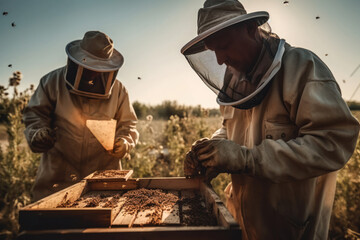 beekeepers collecting honey from bee panels. created with ai. - obrazy, fototapety, plakaty