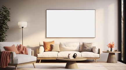 A stylish living room interior featuring a mock-up poster frame. Made with generative AI technolog