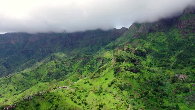 Aerial view of Mountainous green Santiago Island landscape in rain season in Cape Verde