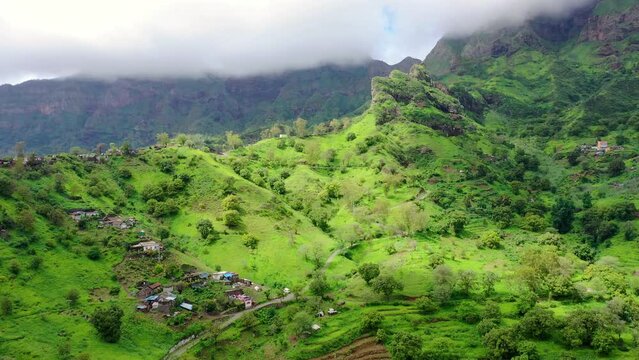 Aerial view of Mountainous green Santiago Island landscape in rain season in Cape Verde