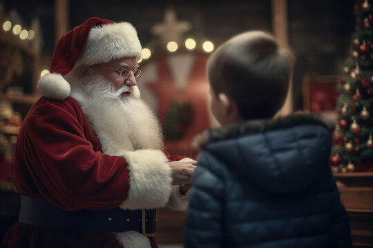 Cute boy getting gifts from Santa Clause on Christmas day - stock picture. Created with AI.
