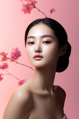 Naklejka premium Asian woman skincare, fresh face. AI Generated.