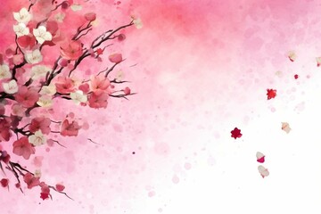 Background frame of spring flowers: cherry blossoms and falling petals in watercolor illustration. Generative AI