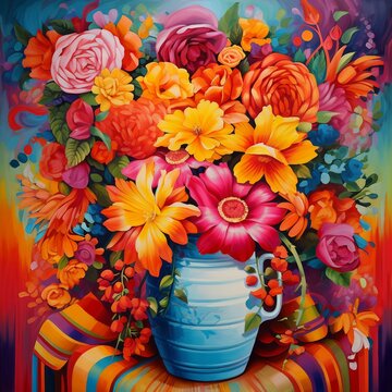 Mexican Art Style Flowers in a blue vase, multicolor