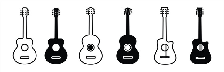 Guitar icon set. black Acoustic guitar isolated. Guitar icon collection, guitars icon classical line and outline, vector illustration. - obrazy, fototapety, plakaty