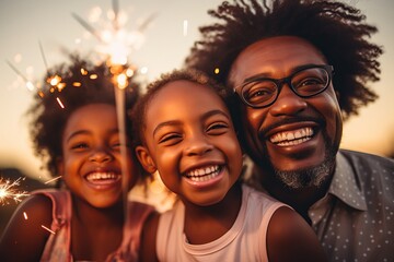 Afro father and children celebrating Christmas. AI Generated. - Powered by Adobe