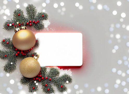 Weihnachtskarte mit Weihnachtskugeln, Ilex und Schneeflocken