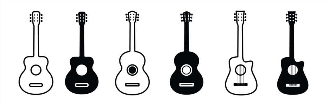 Guitar icon set. black Acoustic guitar isolated. Guitar icon collection, guitars icon classical line and outline, vector illustration.