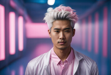 Ritratto di un giovane ragazzo asiatico, giapponese, cinese, coreano con capelli bianchi e rosa su uno sfondo futuristico azzurro e rosa - obrazy, fototapety, plakaty