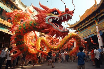Traditional Dragon dance at street. AI Generated. - obrazy, fototapety, plakaty