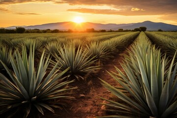 Field with agave plants used in the production of mezcal and tequila. Generative AI