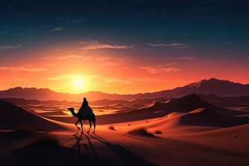 Desert landscape at dusk with a camel silhouette