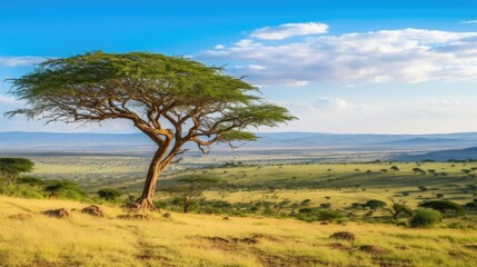 Fototapeta na wymiar A vast savanna stretches as far as the eye can see, dotted with graceful acacia trees.
