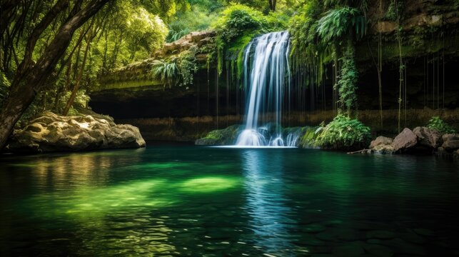 A cascading waterfall plunges into a hidden emerald pool, surrounded by emerald foliage.