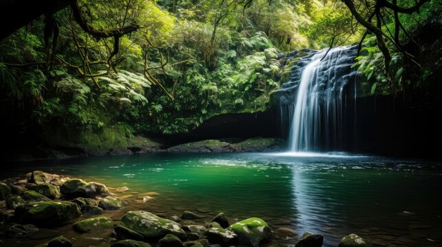 A cascading waterfall plunges into a hidden emerald pool, surrounded by emerald foliage. © Manyapha