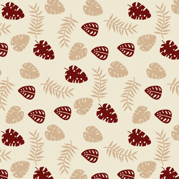 Tropical nature seamless pattern hand-drawn plants, simple small flowers. Flowers Branches and Leaves Repeating Seamless pattern hand-drawn with tropical leaves. floral seamless pattern with leaves