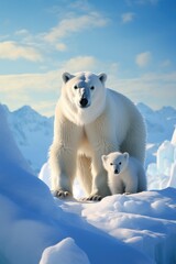A distant Arctic tundra featuring a polar bear and her young cub.