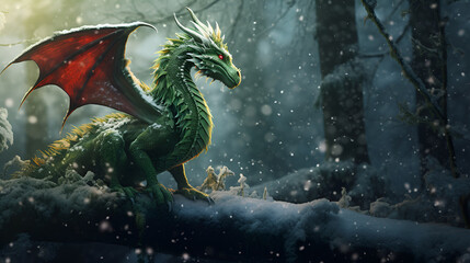 Green dragon in a snowy fairy forest with copy space . Symbol 2024 gothic style. 2024 Happy New Year greeting card concept.