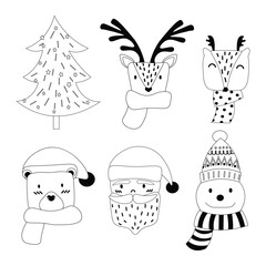 Cute Christmas tree,reindeer,bear,and Santa Claus for Merry Christmas concept. Vector illustration in doodle art style on white background