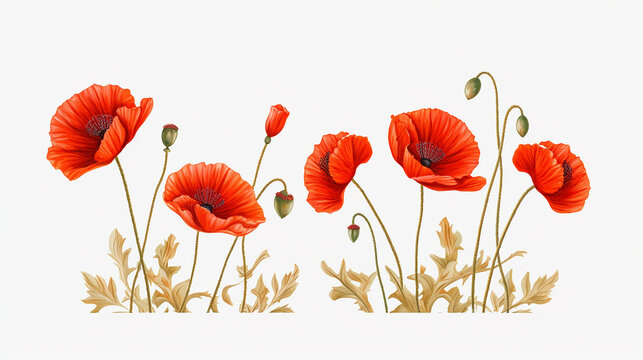 Beautiful poppy flowers plant floral illustration white background AI Generated image