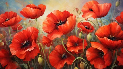 Beautiful red common poppy flower images illustration wallpaper AI Generated art - obrazy, fototapety, plakaty