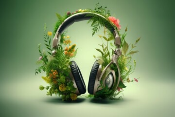 Tropical nature music headphones garden. Chair smile. Generate Ai - obrazy, fototapety, plakaty