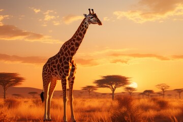 The scenic beauty of an African landscape with a gracefully feeding giraffe in silhouette.
