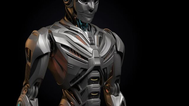 Detailed futuristic robot man or humanoid cyberpunk male switching himself on and looking around. Camera moving from the ground to the head showing the entire body. 3d rendering animation with alpha