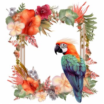 Beautiful round flowers border frame with parrot bird image AI Generated art